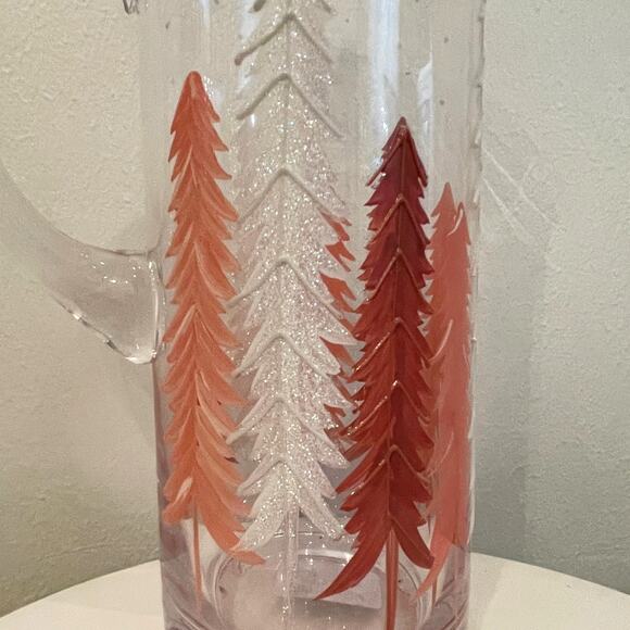 Hand-Painted Glass Pitcher Pink and White Christmas Pine Tree Forest New RARE - Picture 3 of 16